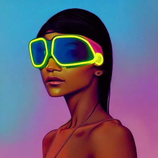 Image similar to zendaya wearing opaque reflective goggles profile picture by Greg Rutkowski, brown skin, very long hair, dune, asymmetrical, futuristic, neon volumetric lights, cool colors, streetwear, studio ghibli, Organic Painting , Matte Painting, geometric shapes, hard edges, street art, trending on the artstation, fantasy LUT, realistic by Sachin Teng + Martin Grip + Moebius, techwear, Industrial Scifi, detailed illustration, character portrait,