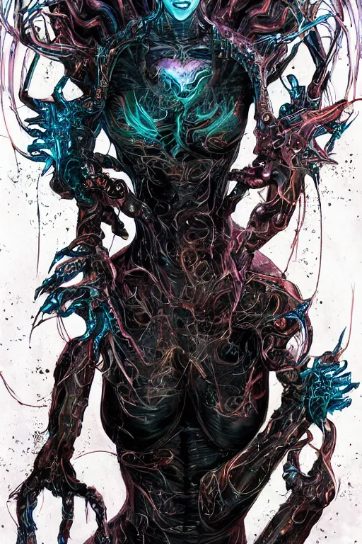 Image similar to comic art,Sprial, a female six-armed Mutate and Cyborg Sorcereress dancing in the air,beautiful and terrifying,melting,full character design,8k,by Stanley Artgermm,Tom Bagshaw,Travis Charest,Carne Griffiths,Ron English,Linsey Levendall,trending on DeviantArt,face enhance,hyper detailed,minimalist,full of colour,cinematic,dynamic lighting