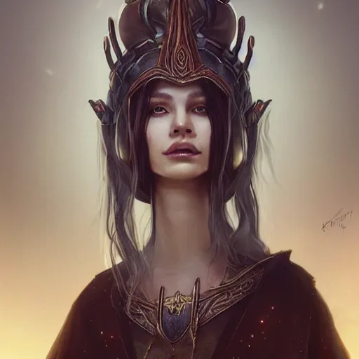 Image similar to a hyperrealistic fantasy illustration of a beautiful alien High-Priestess. Trending on ArtStation. In the style of Jason Chan, Tuomas Korpi and WLOP. Epic fantasy art. Middle Earth. Terry Pratchett