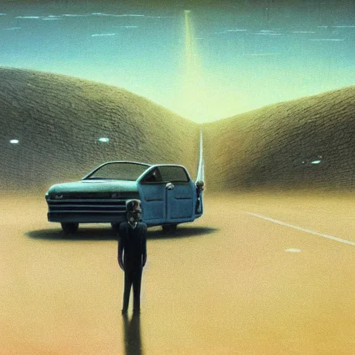 Prompt: depressed fbi agent driving a car down an empty road in roswell new mexico, beksinski, wayne barlowe, very coherent symmetrical artwork, cinematic, hyper realism, high detail, octane render, 8 k