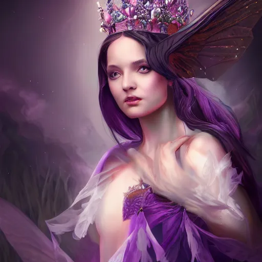 Prompt: detailed portrait of a dark fairy queen with wings holding a silk cloth wearing a robe, crown, pixie, iris, realism, emerald, galaxy, sapphire,dark purple crown,leaves, moonlit, dark fantasy, dramatic lighting, cgsociety, artstation