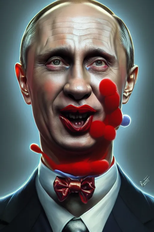 Image similar to vladimir putin as a clown, realistic portrait, symmetrical, highly detailed, digital painting, artstation, concept art, smooth, sharp focus, illustration, cinematic lighting, art by artgerm and greg rutkowski and alphonse mucha