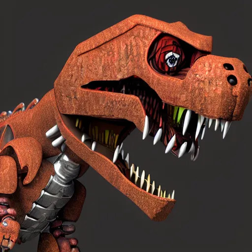 Prompt: an illustration of a t-rex as a fnaf animatronic, photorealistic, octane render