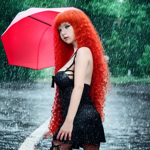 prompthunt: anime girl walks in lingerie and pantyhose in the rain with an  umbrella, red curly hair in pigtails with an elastic band, rain, full HD, 8k