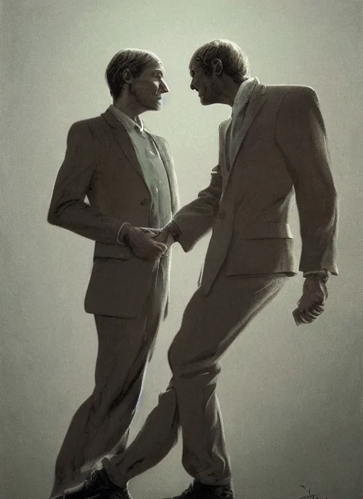 Image similar to portrait of Mads Mikkelsen and Hugh Dancy holding hands romantically as they chaperone school dance by (Zdzislaw Beksinski), Michael Whelan, Bob Larkin and Tomer Hanuka, simple illustration, domestic, nostalgic, clean, Matte painting, trending on artstation and unreal engine, New Yorker magazine cover