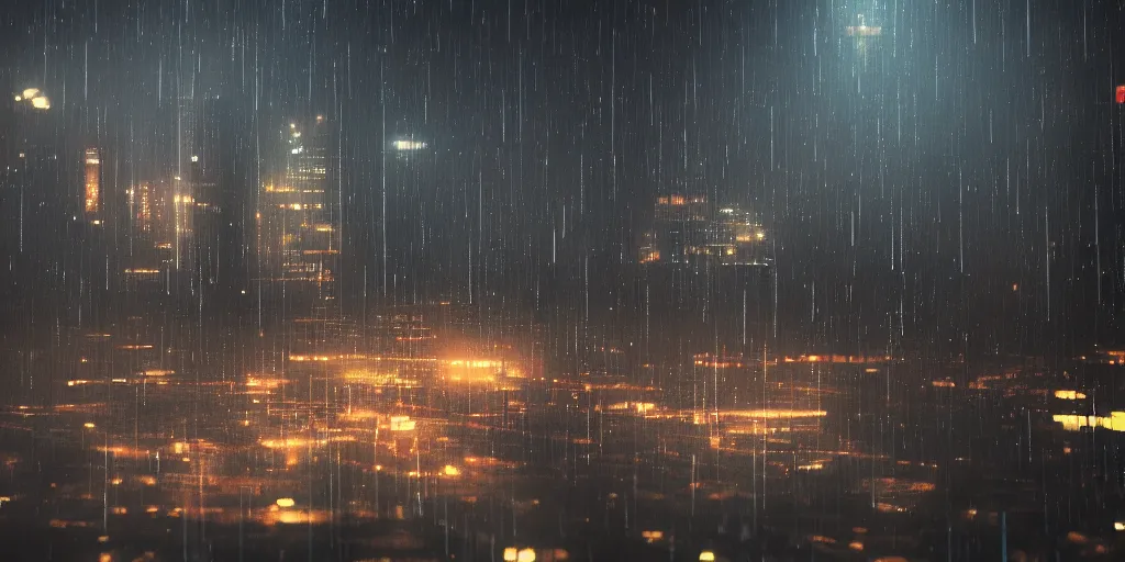 Image similar to a beautiful photo of a scifi scity at night seen behind a large windowpane with rain drops on it, cinematic, high definition, 8k, octane render, trending on artstation