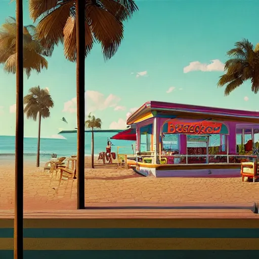 Image similar to inside beachfront fast food restaurant with palm trees by simon stalenhag