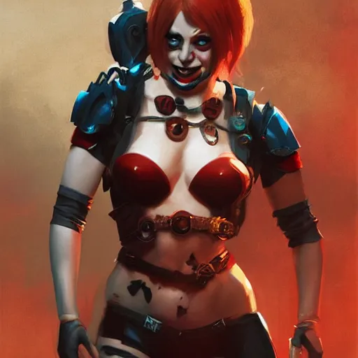 Image similar to portrait of Harley Quinn in bikini armor, dc comics, cyberpunk, Warhammer 40000, dark fantasy, digital art from artstation by Ruan Jia and Mandy Jurgens and Artgerm and william-adolphe bouguereau