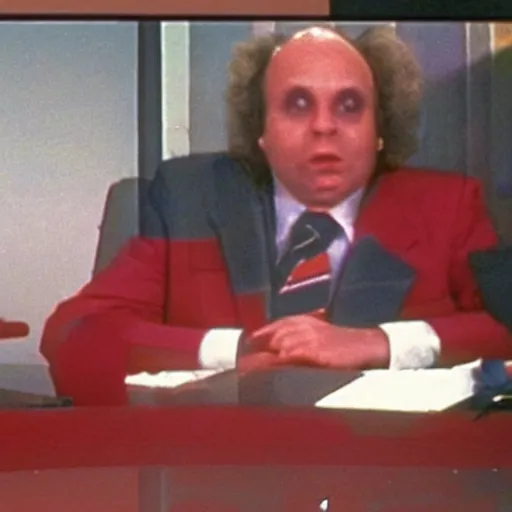 Prompt: 1985 Stewart Pankin as Bob Charles dressed in a red suit and necktie sitting at a news desk, videotape still from 1985