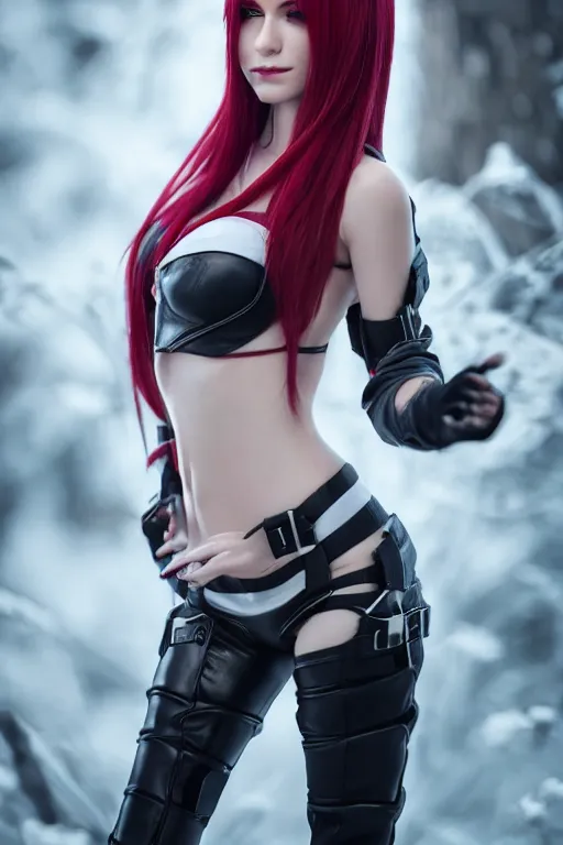 Prompt: Katarina from League of Legends, photorealistic full body, white ambient background, unreal engine 5, hyperrealistic, highly detailed, XF IQ4, 150MP, 50mm, F1.4, ISO 200, 1/160s, natural light, Adobe Lightroom, photolab, Affinity Photo, PhotoDirector 365, realistic