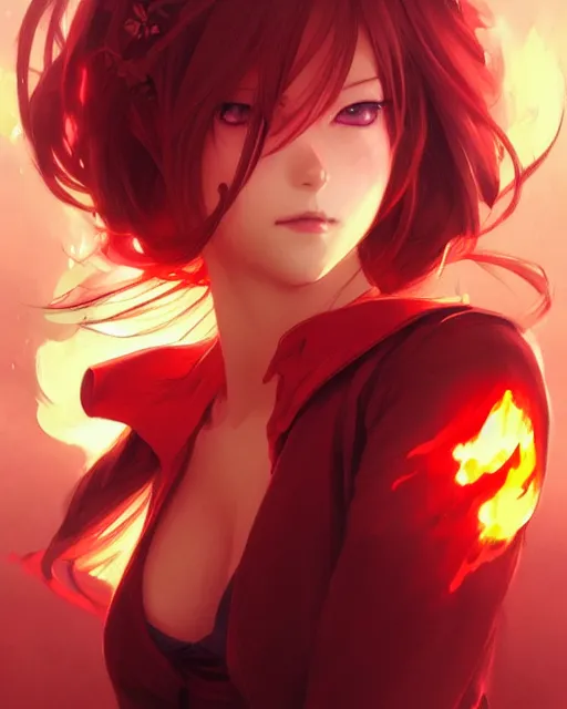 Image similar to beautiful anime girl, lake, red, flames everywhere, highly detailed, digital painting, artstation, concept art, smooth, sharp focus, illustration, art by artgerm and greg rutkowski and alphonse mucha