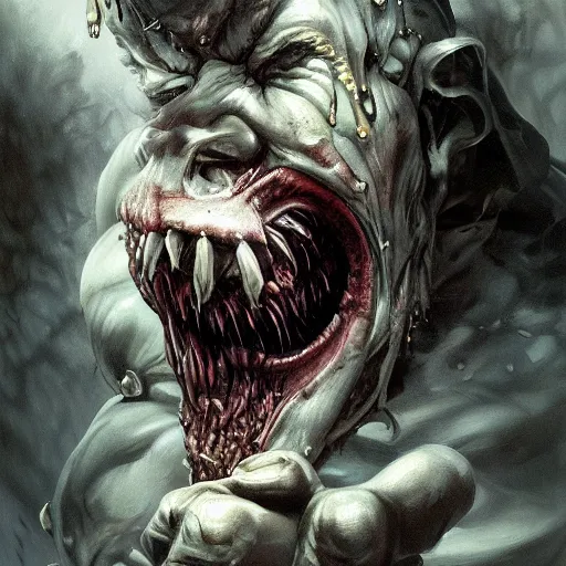 Image similar to Dark Fantasy Painting of a hulking muscular demonic flesh creature with drool dripping from its mouth, creepy, unsettling, horror, upper body, intricate, wild, highly detailed, digital painting, artstation, concept art, smooth, sharp focus, illustration, art by artgerm and greg rutkowski and alphonse mucha