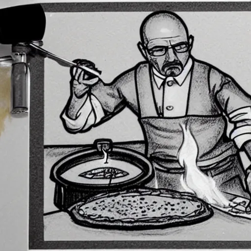 Image similar to very detailed black and white pencil sketch of walter white cooking a pizza with a blowtorch