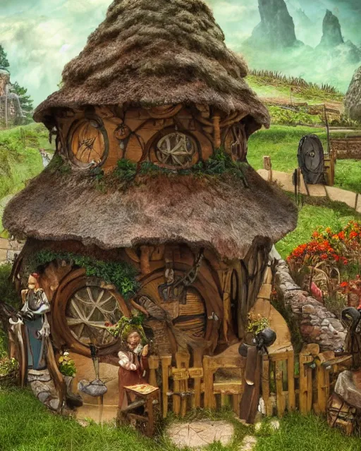 Image similar to fantasy town with a stand - alone blacksmith shop, stand - alone bakery, stand - alone tavern, stand - alone courthouse, stand - alone guardhouse, midday, viking style - hobbit homes, with elf - tree houses, in the style of real fantasy,