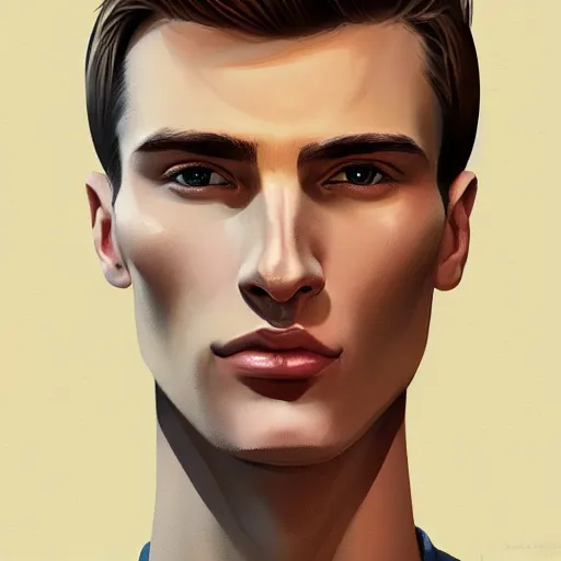 Image similar to tall man in his twenties with brown blond short quiff hair and thin slightly round facial structure with cleft chin, straight eyebrows and prominent nose, good definition of cheekbones, big hazel nut brown eyes, narrow face, slim body, atmospheric lighting, painted, intricate, 4 k, highly detailed by charlie bowater