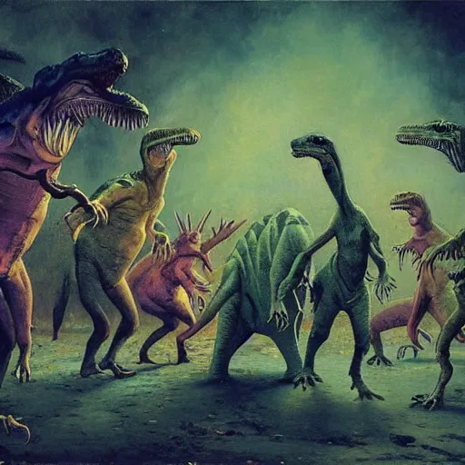 Prompt: A group of dinosaurs dancing in a rave party, by Esao Andrews and Karol Bak and Zdzislaw Beksinski