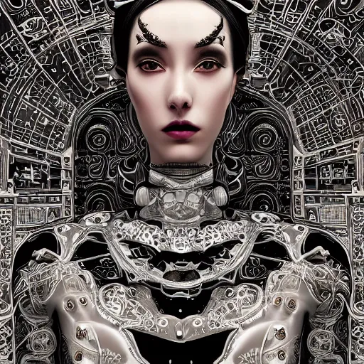 Image similar to the portrait of an absurdly graceful, sophisticated, fashionable ottomanpunk robotess idol, an ultrafine hyperdetailed illustration by kim jisu, intricate linework, neon wiring, porcelain skin, unreal engine 5 highly rendered, global illumination, radiant light, detailed and intricate environment, by rutkowski, artgerm,