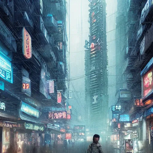 Image similar to a thousand sentient creatures covered in mountains and clouds. style of blade runner 2 0 4 9. i can understand why. a full length portrait of a spotless mind controlled, cyberpunk chinese street, by grosnez zak and