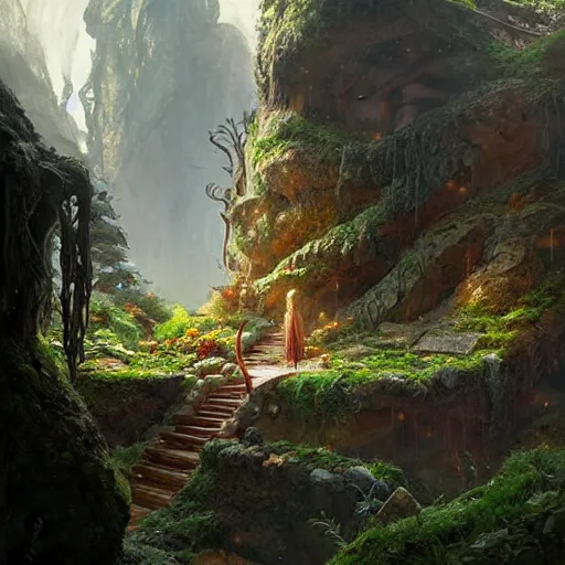 Image similar to worm's eye view of a elven headquarters carved inside a mountain above a arranged garden, neat and tidy, magical, natural light, fantasy, sharp focus, concept art, by greg rutkowski and craig mullins, cozy atmospheric
