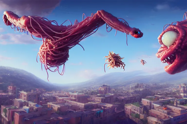 Image similar to spaguetti monster flying over a small town, made by Stanley Artgerm Lau, WLOP, Rossdraws, ArtStation, CGSociety, concept art, cgsociety, octane render, trending on artstation, artstationHD, artstationHQ, unreal engine, 4k, 8k,