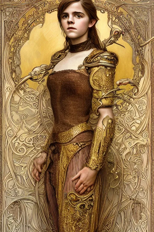 Image similar to a full body art nouveau portrait of a 16-year old girl who resembles Emma Watson, Saoirse Ronan and Anya Taylor Joy, ornate intricate golden battle armor, intricate, elegant, highly detailed, digital painting, artstation, concept art, smooth, sharp focus, illustration, art by John William Waterhouse and greg rutkowski and Donato Giancola and alphonse mucha