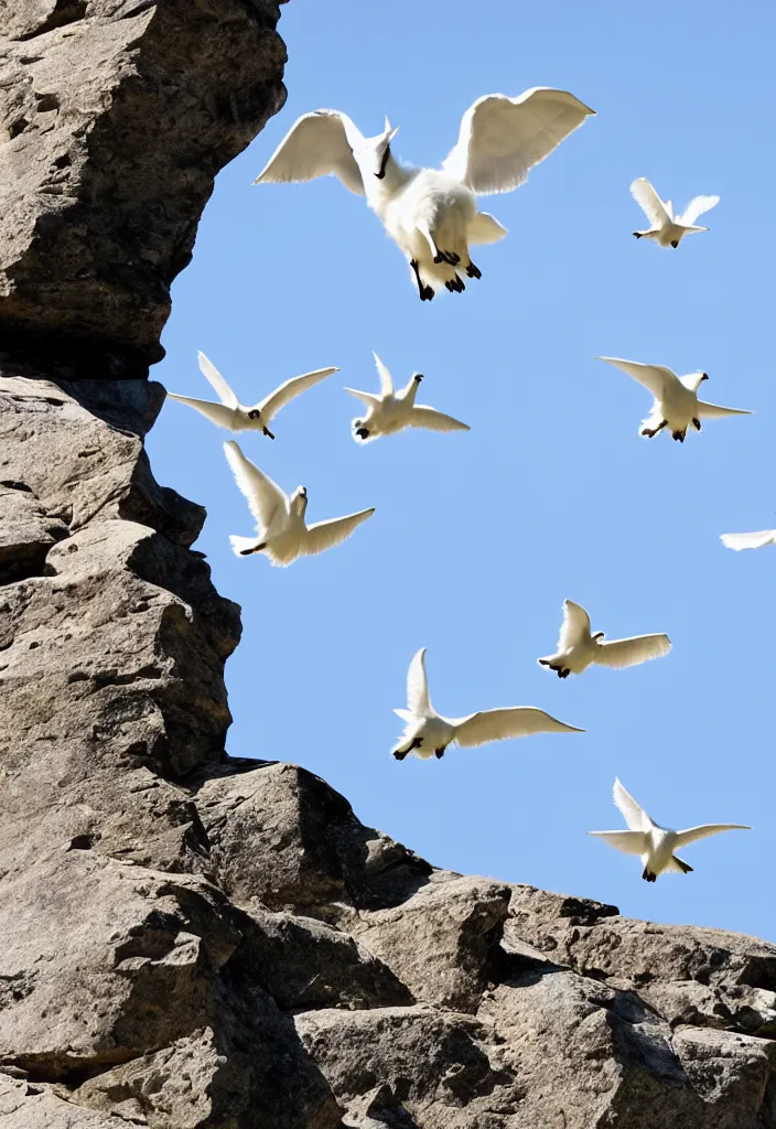 Prompt: a mountain goat flying an impossible distance through the air between two peaks | pure white doves flying in and out of a large chimney |