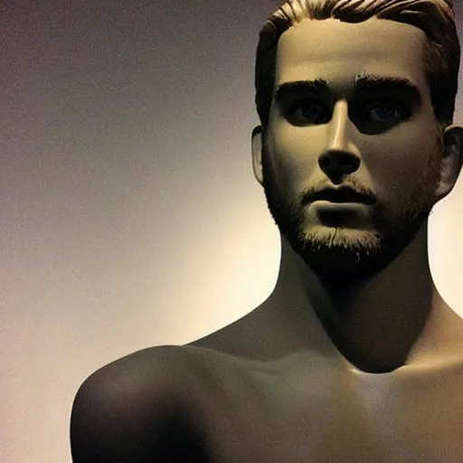 Image similar to “ a realistic detailed photo of a guy who is an attractive humanoid who is half robot and half humanoid, who is a male android, actor liam hemsworth, shiny skin, posing like a statue, blank stare, at the museum, on display ”