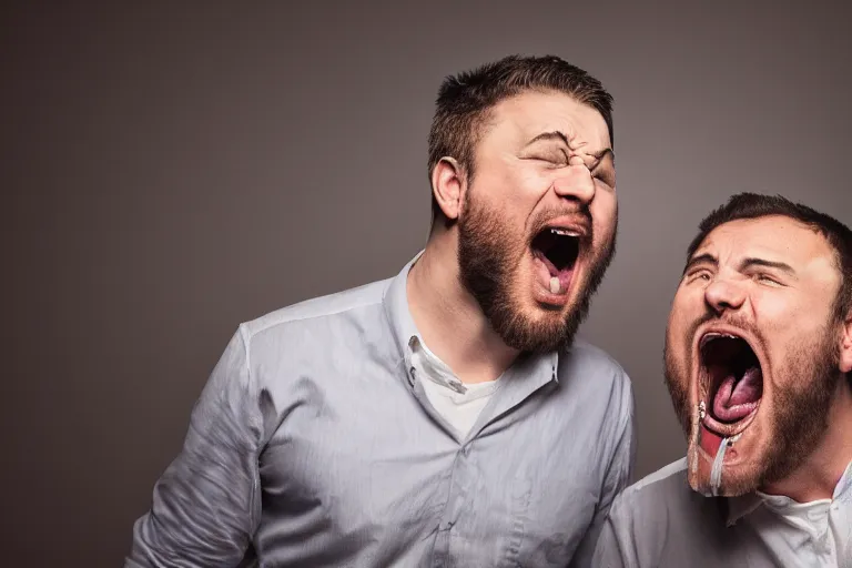 Image similar to picture of two angry men with gigantic mouths screaming at eachother beautiful lighting studio portrait full shot