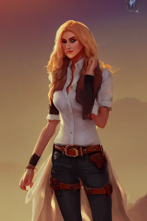 Image similar to full body, katherine mcnamara cowgirl, perfect face, white blouse, holster, 8 k, magic the gathering, desert, d & d, artstation, high detail, smooth, sweaty character concepts by senior concept artist