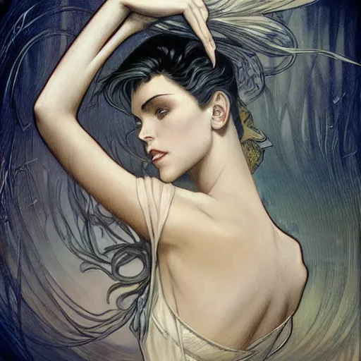 Prompt: a streamline moderne painting in the style of luis royo, and in the style of charlie bowater, and in the style of alphonse mucha. symmetry, smooth, sharp focus, semi - realism, intricate detail.
