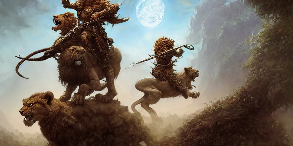 Image similar to halfling druid ranger riding a lion, realistic, ultra detailed, fantasy character portrait, ultra realistic, wide angle, intricate details, highly detailed by peter mohrbacher, hajime sorayama, wayne barlowe, boris vallejo, aaron horkey, gaston bussiere, craig mullins