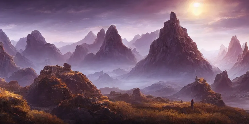 Prompt: The Sci-Fi stone landscape with mountains in the background wallpaper, d&d art, fantasy, painted, 4k, high detail, sharp focus