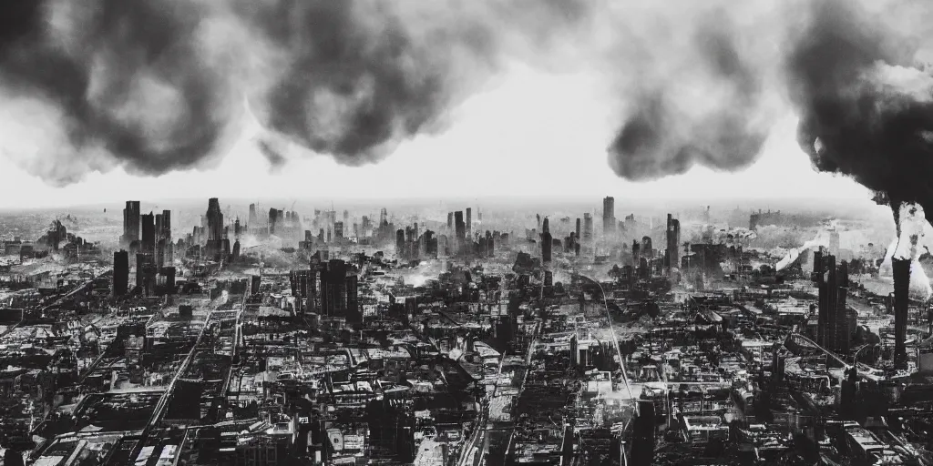 Image similar to steampunk city skyline engulfed in flames, huge explosions everywhere, bird's eye view, wide shot, cinematic, 1 3 5 film, black and white photograph