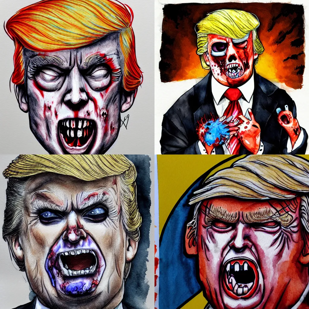 Prompt: Donald Trump as a zombie, inked, watercolor, trending on pixiv, zoomed our, 4k