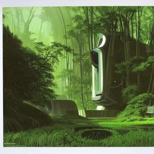 Prompt: portal in a middle of a lush futuristic forest, syd mead, john harris