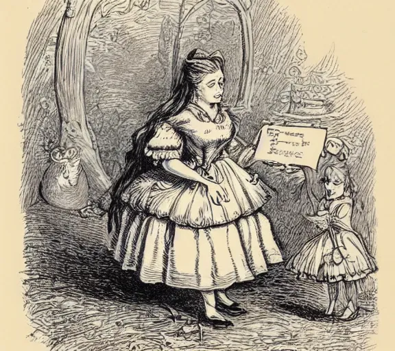 Image similar to Tenniel illustration portrait of Alice, walking in wonderland