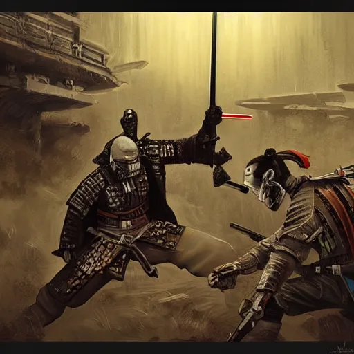 Image similar to highly detailed painting of a samurai battling zombies, gruesome, scary, sci-fi, hyper realistic, in the style of Star Wars, noir