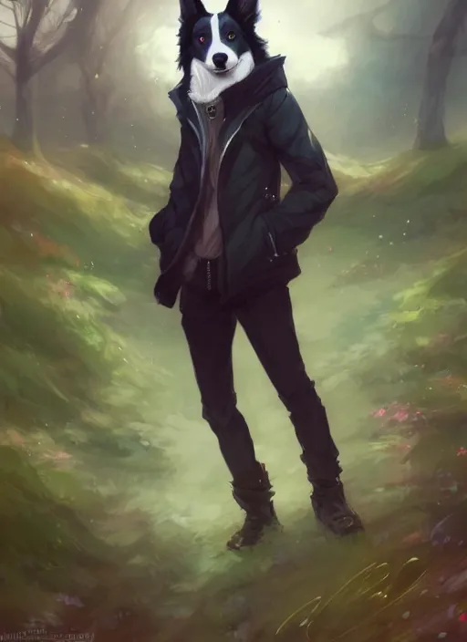 Prompt: wide angle full body portrait of a cute male anthropomorphic border collie fursona wearing a jacket in front of a park, by charlie bowater, henry asencio, and ross tran, furaffinity, scenic background, intricate, elegant, beautiful, fantasy, highly detailed, trending on artstation