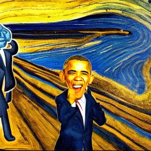 Image similar to obama shouting on skrik munch's painting, museum masterpiece, worth a lot, sothebys