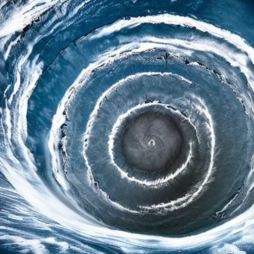 Prompt: wide angle photo of tall ship with ripped sails caught in giant spiral vortex whirlpool in a hurricane. apocalypse. pirates of the caribbean 4 k