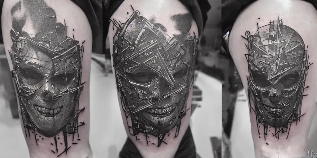 Image similar to realistic futuristic distopic detroy cyberpunk hellraiser tattoo cyborg clean design by apple , character sheet, Greg Rutkowski, Zabrocki, Karlkka, Jayison Devadas, Phuoc Quan, trending on Artstation, 8K, tsutomu nihei, giger , zenith view, pincushion lens effect.