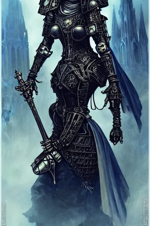 Image similar to beautiful gothic and victorian and evil and dieselpunk medieval female blue armor knight portrait, like lisa blackpink+smoky eyes+light flowing hair, ultradetail face, ruined gothic cathedral, art and illustration by tian zi and craig mullins and WLOP and alphonse mucha, ssci-fi, fantasy, intricate complexity, human structure, fantasy world concept, watermark, blurry, hyperrealism 8k