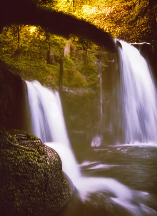 Prompt: a 3 5 mm photo of the interior of an incredible waterfall, bokeh, canon 5 0 mm, cinematic lighting, dramatic, film, photography, golden hour, depth of field, award - winning, 3 5 mm film grain, retro, film, kodachrome