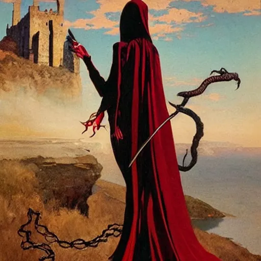 Prompt: flowing, evocative by robert mcginnis. a beautiful body art of a horned, red - eyed, skeleton - like creature, with a long black cape, & a staff with a snake wrapped around it, standing in front of a castle atop a cliff.