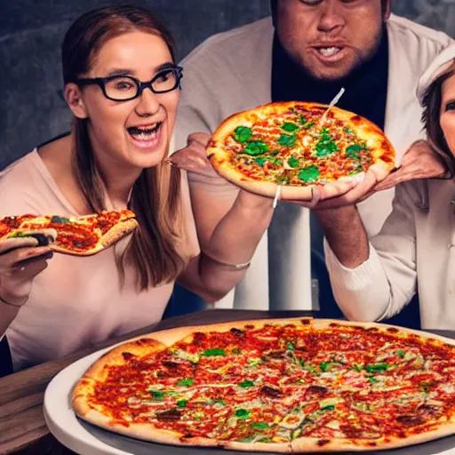 Image similar to people eating pizza in a futuristic city, 8k ultra hd, hyper detailed