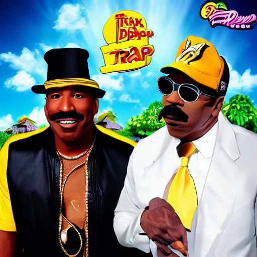 Image similar to the next best jamaican riddims dub trap phonk album cover with steve harvey and mr potato head