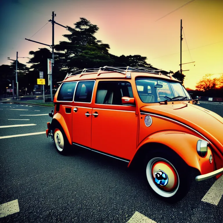 Prompt: close-up-photo VW beech buggy middle of street, sunset kanagawa prefecture, night, cinematic color, photorealistic, highly detailed,