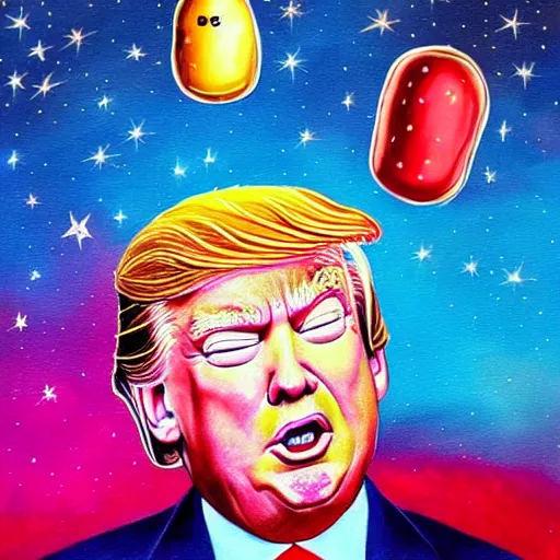 Image similar to a beautiful painting of donald trump as a jellybean in space, highly detailed