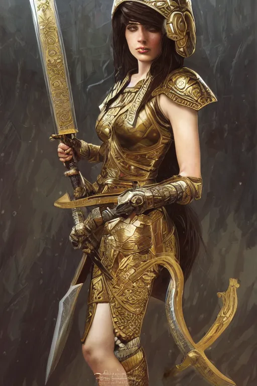 Prompt: attractive young female wielding an ancient sword, ornate metallic helmet, battle armor, olive skin, long dark hair, beautiful bone structure, intricate, elegant, highly detailed, digital painting, artstation, concept art, smooth, sharp focus, illustration, art by artgerm and greg rutkowski and alphonse mucha