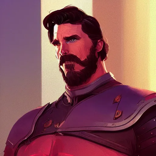 Image similar to Portrait of Christian Bale as a strong human gladiator, mattepainting concept Blizzard pixar maya engine on stylized background splash comics global illumination lighting artstation lois van baarle, ilya kuvshinov, rossdraws